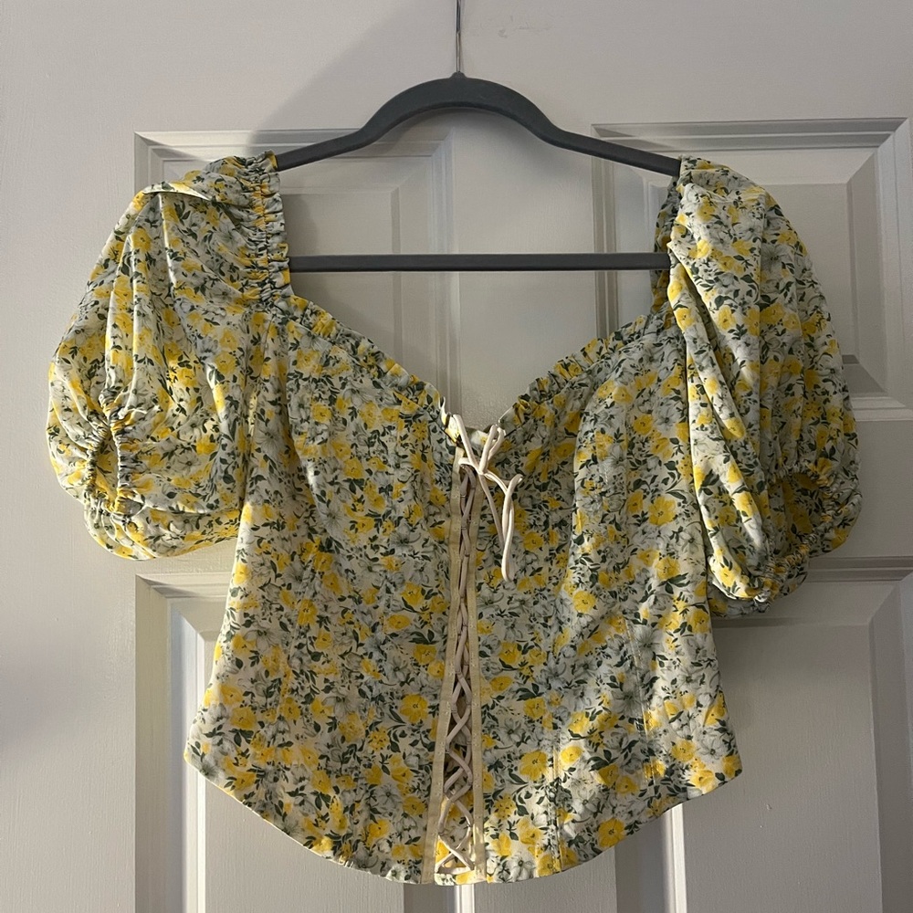 Astr Yellow and Blue Flutter Sleeve Crop Blouse
